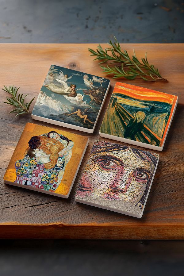 Pinecone-The Scream, Gypsy Girl Mosaic, Gustav Klimt Family Embrace, Crossing of Souls Stone Coaster Set 1