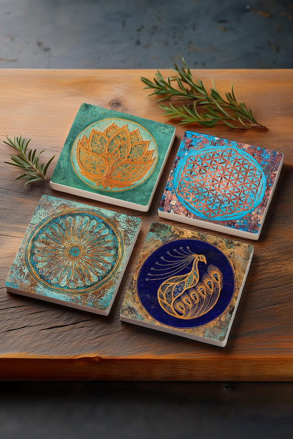 Pinecone-Lotus Flower, Peacock, Flower of Life Stone Coasters Desktop Protective Coasters Set of 4 10x10cm 1