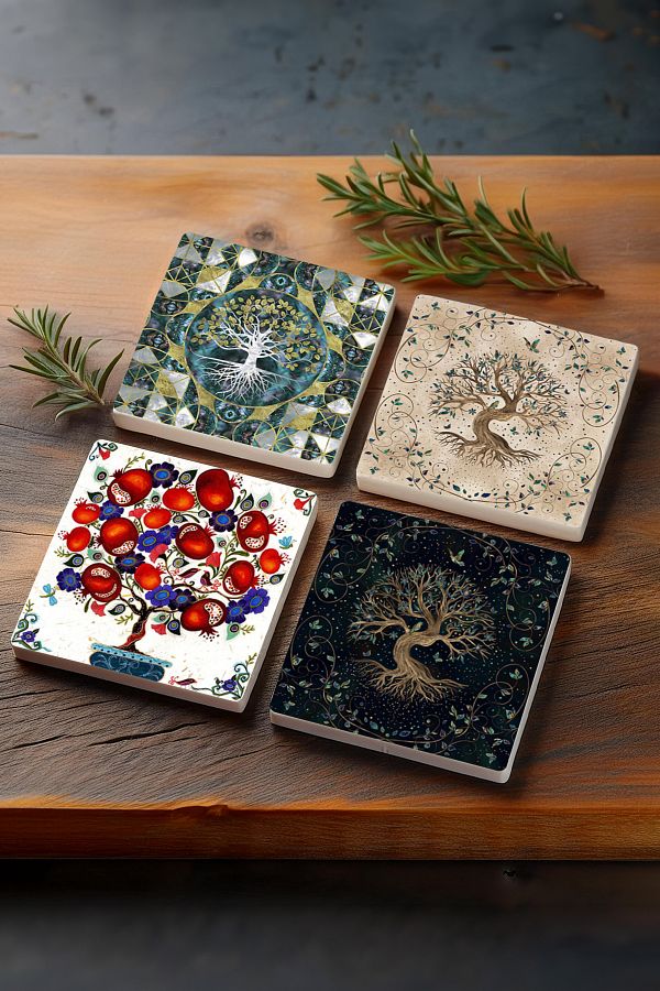 Pinecone-Tree of Life, Pomegranate Tree Stone Coasters Desktop Protective Coasters Set of 4 10x10cm Stone Coasters 1