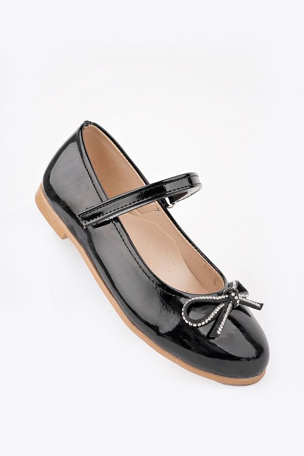 Aymer Mustache Bow Black Patent Leather Baby Girl Shoes Trendyol