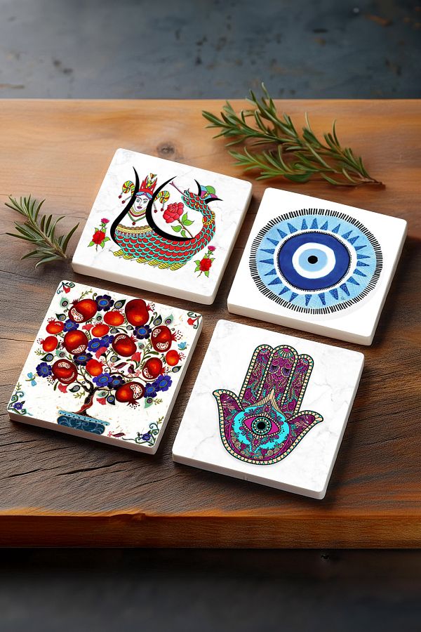 Pinecone-Evil Eye, Hand of Mother Fatma (HAMSA), Shahmaran, Pomegranate Tree Stone Coasters Set of 4 10x10cm 1