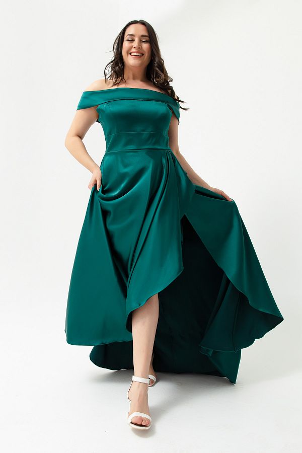 Lafaba Women s Emerald Green Boat Neck Plus Size Satin Evening Dress Graduation Dress Trendyol