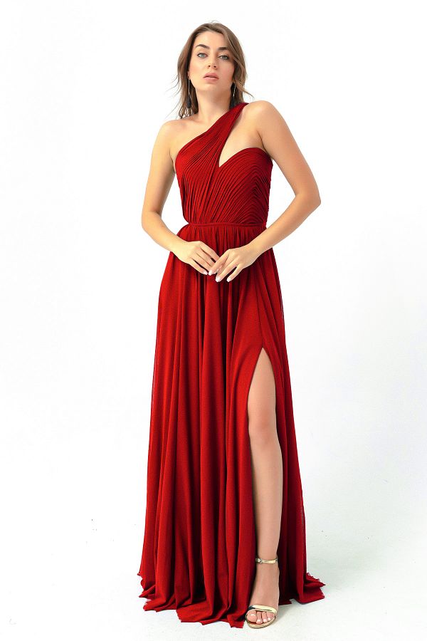 Lafaba-Rochie de seară lungă, roșie, cu un singur umăr 1