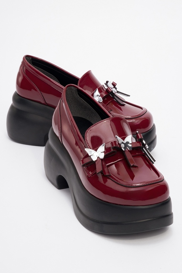LuviShoes-INDIOS Claret Red λουστρίνι με πόρπη πεταλούδα Γυναικεία Wedge Heeled Casual Παπούτσια 1