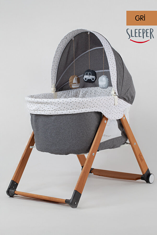 Kiwi Sleeper Anne Yanı Beşik, Portatif, Sallanır, Katlanır, Tekerlekli Bebek Beşiği - Luna Desen Gri