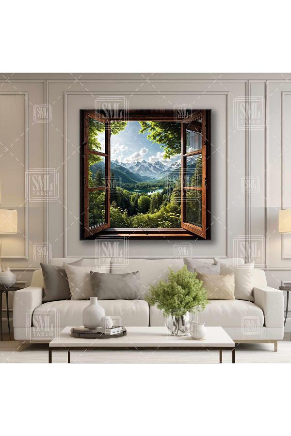 SML TABLO-Wooden Window Opening to Mountain and Lake Scenery Green Forest Tranquility Square Canvas Print 1