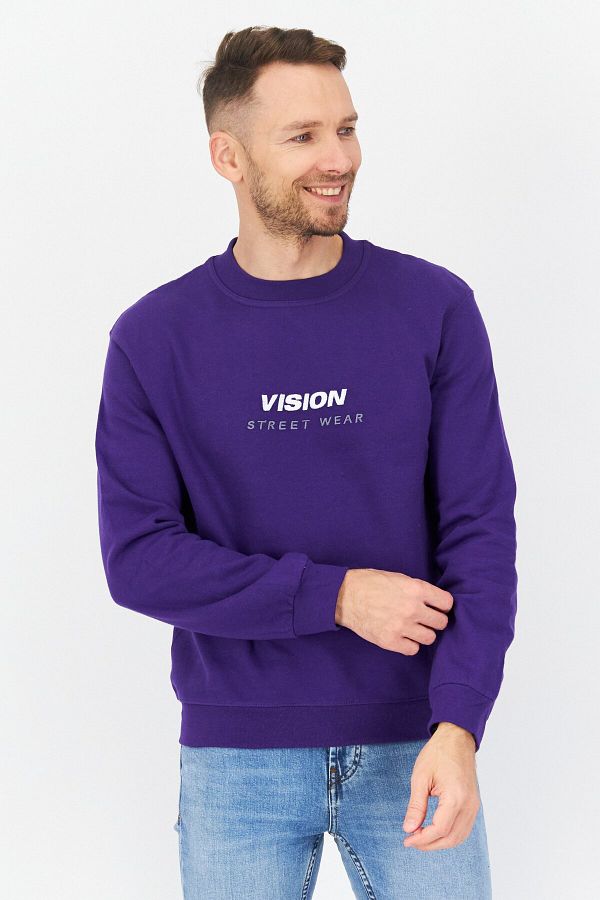 Vision Street Wear-Men Crew Neck Long Sleeve Embroidered Logo Sweatshirt, Purple 1