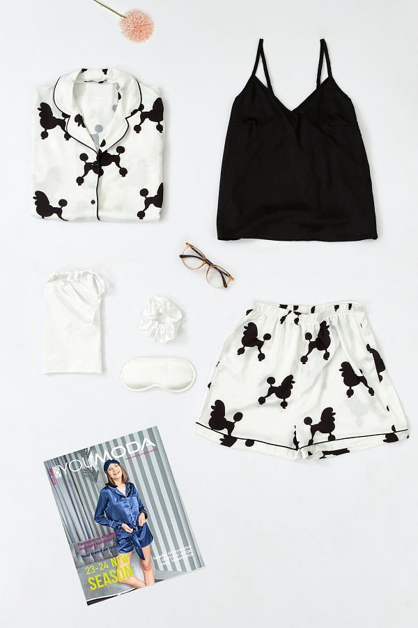 for you sleepwear-Set de pantaloni scurți de pijama din satin alb cu model de câine din 6 piese 1
