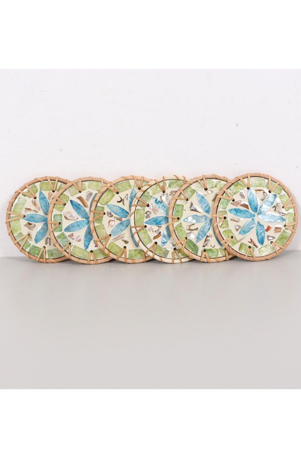 Reyo-Blue Flower Patterned Muteber Rattan Coaster Set of 6 Pearlescent - Sdf6Tk-040 1