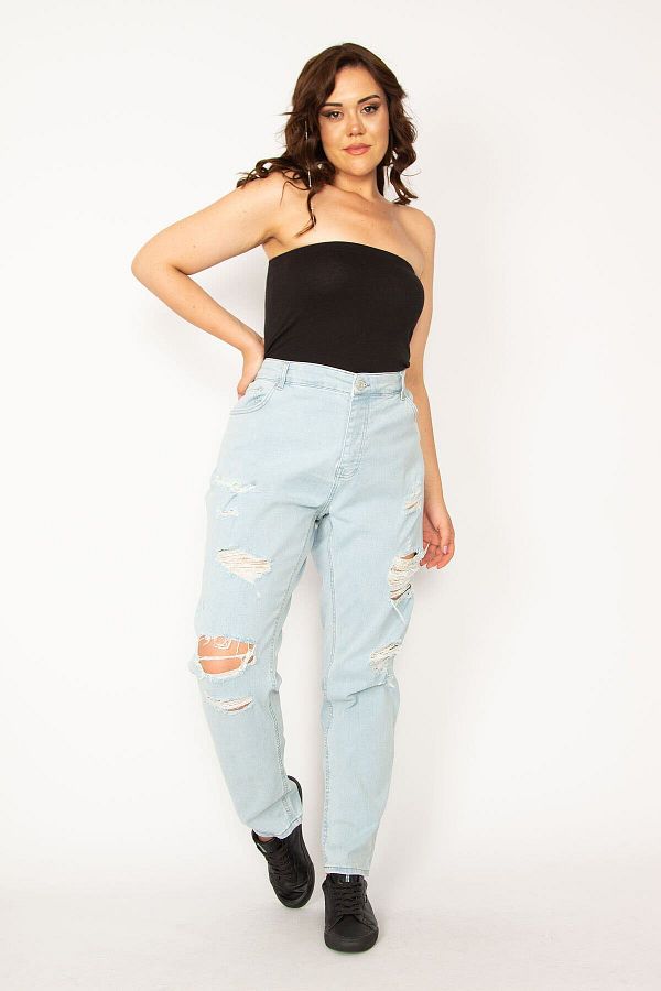 Şans-Γυναικείο μεγάλου μεγέθους Μπλε Washed Effect Ripped Detailed Jeans 65n33945 1