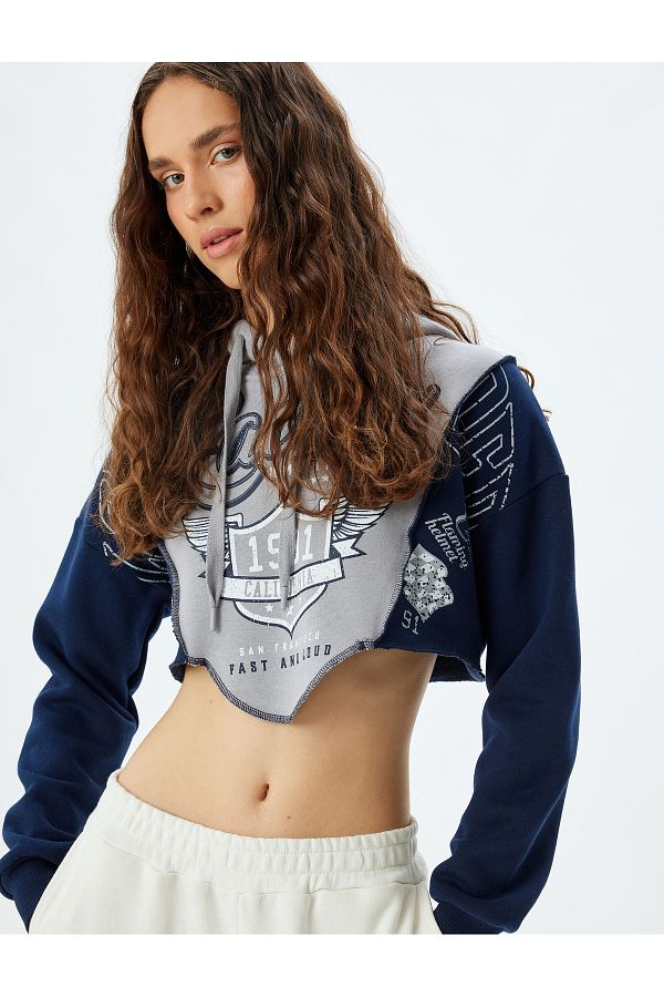 Koton-Raster Crop Hooded Sweatshirt with Asymmetrical Print and Color Block 1