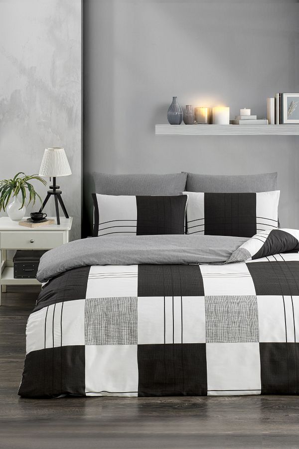 TABEA HOME-Soft Dreams Series - Checkerboard Double Cotton Duvet Cover Set with Elastic Sheets 1