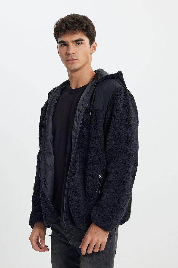 Lee Black Sherpa Jacket Regular Fit Hooded and Full Zipper Trendyol