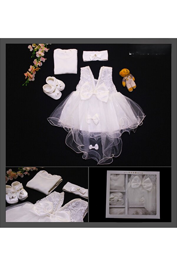 GOLD TEKSTİL Yeni Doğan Kız 0-3 Ay Beyaz Kuyruklu Gelinlik Elbise Mevlit Takımı Özel Gün Kıyafeti