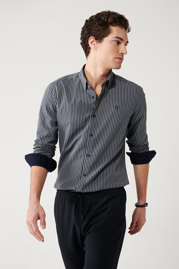 Avva-Men's Navy Blue 100% Cotton Striped Shirt A32Y2010 1