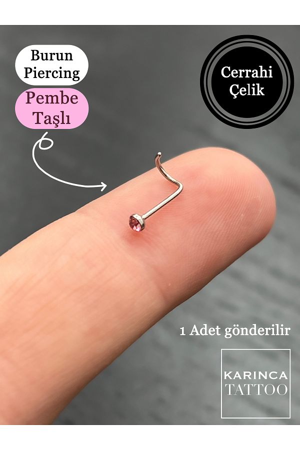 Kar nca Piercing Pink Rhinestone Nose Piercing Curved Thin Surgical Steel Nostril Piercing Trendyol