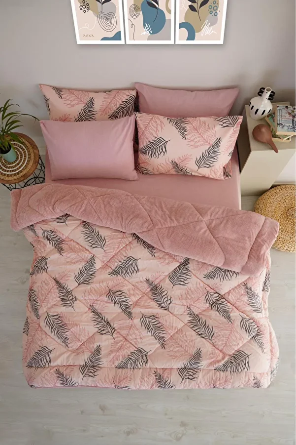MARLA HOME-Double and Double Sided Palm Patterned Welsoft Sleeping Set - Soft Blanket Fluffy 1