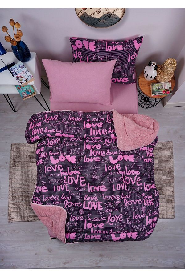 MARLA HOME-Love Patterned Welsoft Cotton - Double Sided Single Fluffy Sleeping Set 1