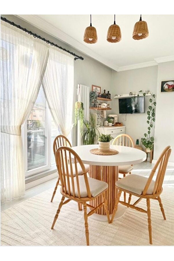 BebeK on For 4 Kişilik Yuvarlak Yemek Masası- 36mm Mdf Tabla, Kayın Cilalı Ayak, Bohem Stil, Garantili