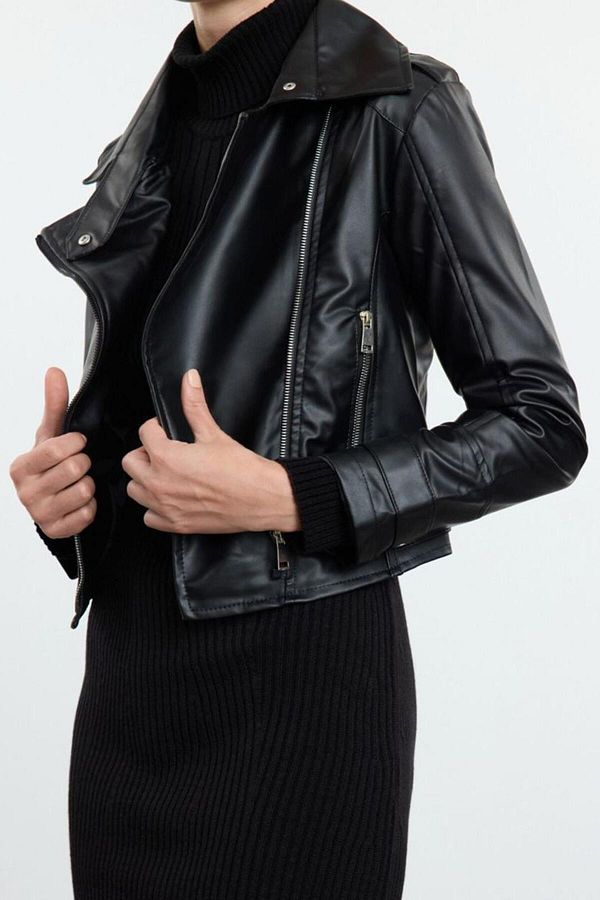 FRM Stylish Women s Midi Biker Jacket Crew Neck Unlined Faux Leather Trendyol