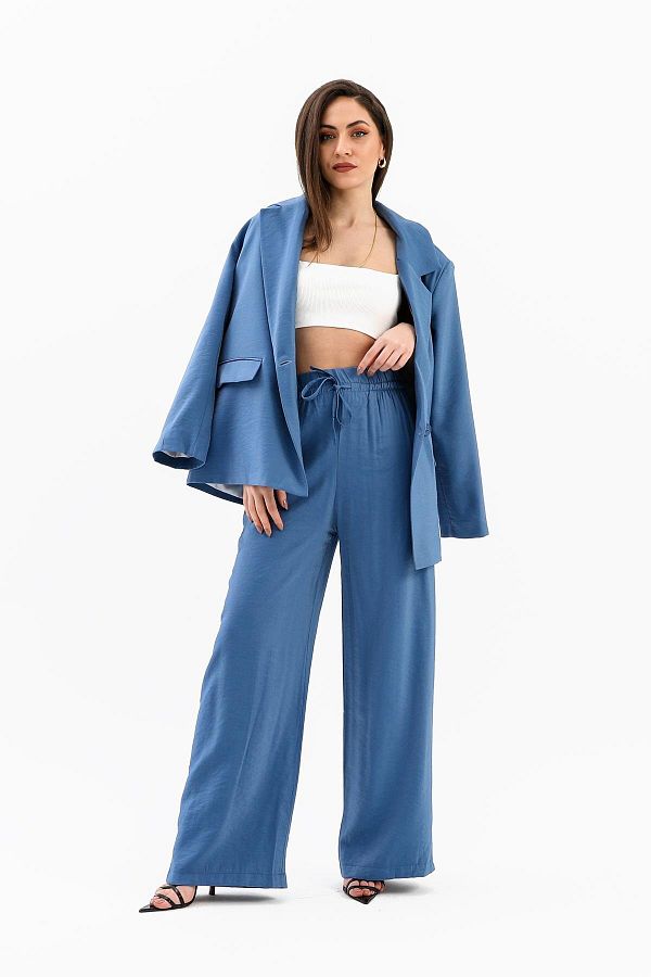 VAPUR TEKSTİL-Indigo - Shiny Linen Trousers with Pockets and Elastic Waist 1