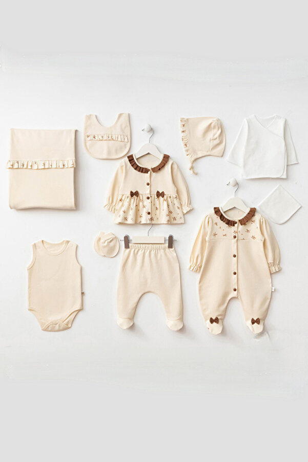 Cherub Baby Çıtır Çiçekli Fırfırlı Yenidoğan Kız Bebek 10 Parça Hastane Çıkışı Zıbın Seti