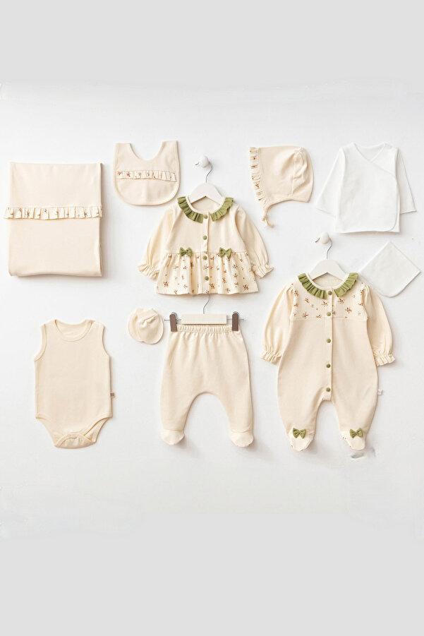 Cherub Baby Çıtır Çiçekli Fırfırlı Yenidoğan Kız Bebek 10 Parça Hastane Çıkışı Zıbın Seti