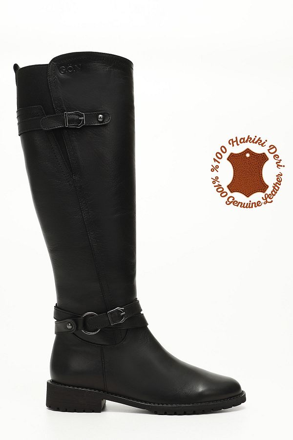 GÖNDERİ(R)-Women/Girls Black Zippered Rubber Sole Genuine Leather Boots 1