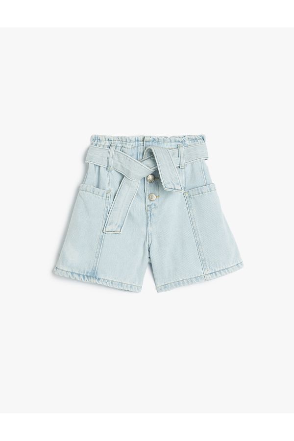 Koton-Pantaloni scurți din denim din bumbac - Detaliu buzunare și curea, talie elastică 1