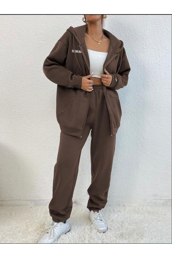 Know Women s 3 Thread Brown Sierra Nevada Printed Cardigan Jogger Oversize Tracksuit Set Trendyol