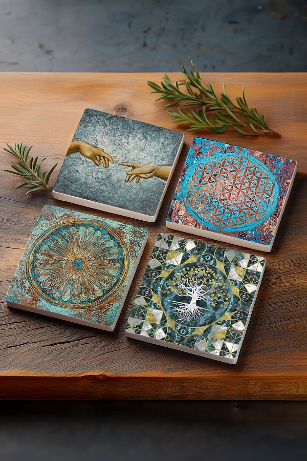 Pinecone-Tree of Life, Michelangelo Creation of Adam, Flower of Life Stone Coasters Set of 4 10x10cm 1