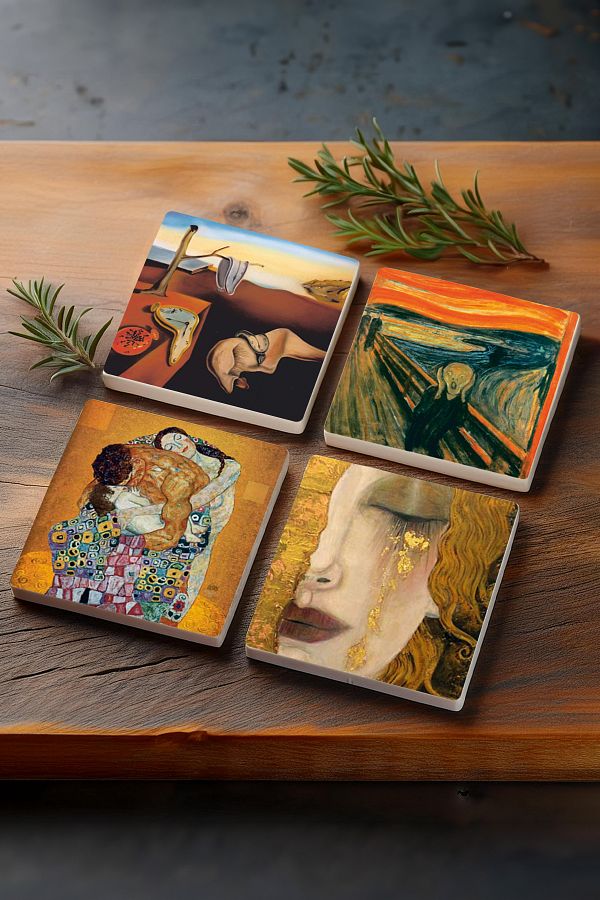 Pinecone-Dalí The Persistence of Memory, The Scream, Gustav Klimt Family Embrace, Golden Tears Stone Coasters Set of 4 1
