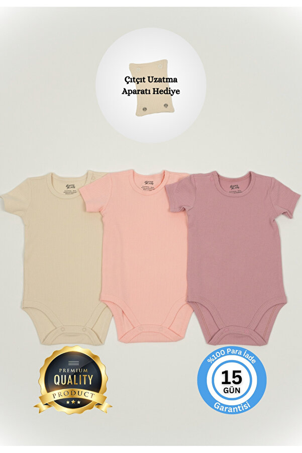 Huggy Mommy Premium Fitilli Kumaş %100 Organik Pamuk 3'lü Kız Bebek Kısa Kol Body Zıbın Çıtçıtlı Badi Set