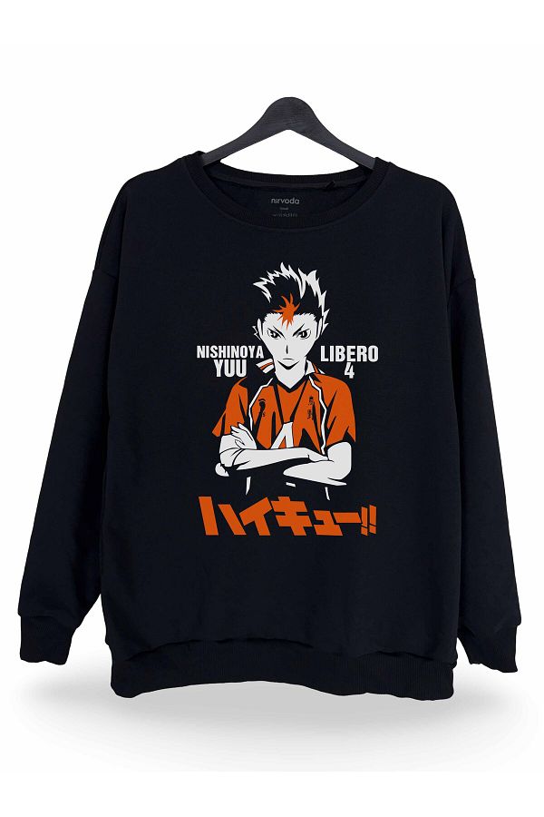 nirvoda Yu Nishinoya Haikyuu Printed Unisex Crew Neck Oversize Sweatshirt Anime Manga Black Trendyol