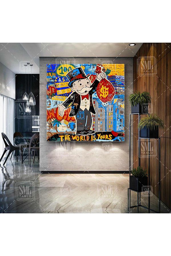 SML TABLO-Monopoly Man Holding a Red Dollar Bag the World Is Yours Square Canvas Painting 1