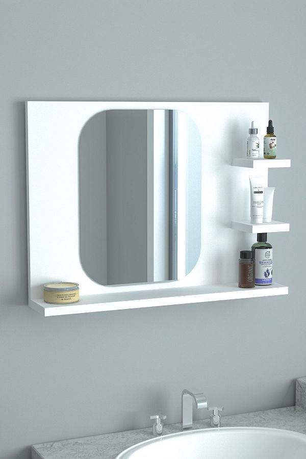 Ekinokshome-Oglinda, Oglinda de baie, Hol cu ​​raft, hol, perete, living, wc, birou, dormitor 60x45 Cm Oglinda-alb 1