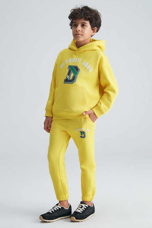 GRIMELANGE Boys Yellow Tracksuit Set Cotton Print Detail Hoodie and Kangaroo Pocket Trendyol