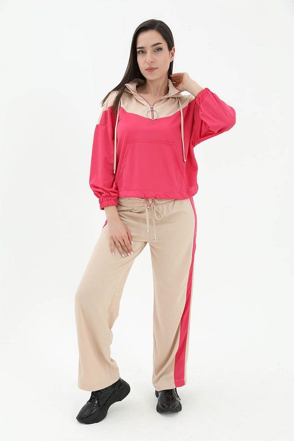 VAPUR TEKSTİL-Two Color Atlas Fabric Tracksuit Set - Fuchsia 1
