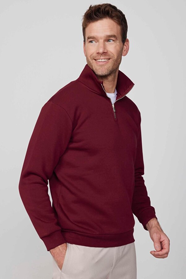 Tudors-Unisex Relax Fit Pohodlný strih Bavlnený fleece Vnútri Polovičný zips Klaret mikina s červeným stojačikom 1