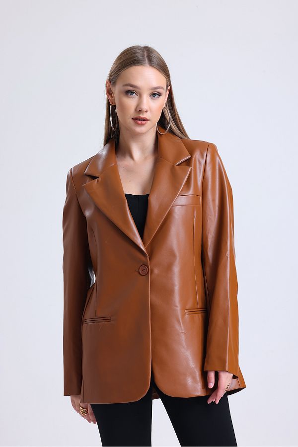Sense Women s Faux Leather Large Size Leather Jacket Ckt33280 Tan Trendyol