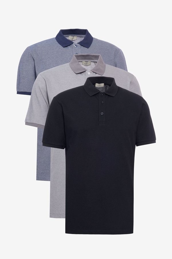 George Henry 3-Piece Non-Shrink Cotton Fabric Slim Fit Men's Light Navy Blue-Grey-Black Non-Curling Polo Collar T-Shirt Pack