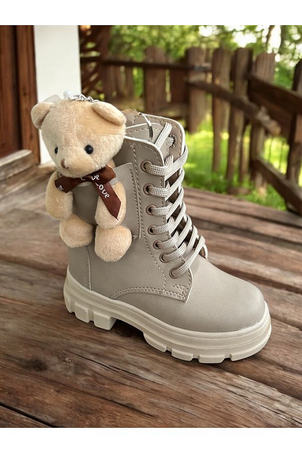 romex Cold Proof Non Slip Sole Girls Boots with Teddy Bear Zippered Girls Cream Boots Beige Kids Boots Trendyol