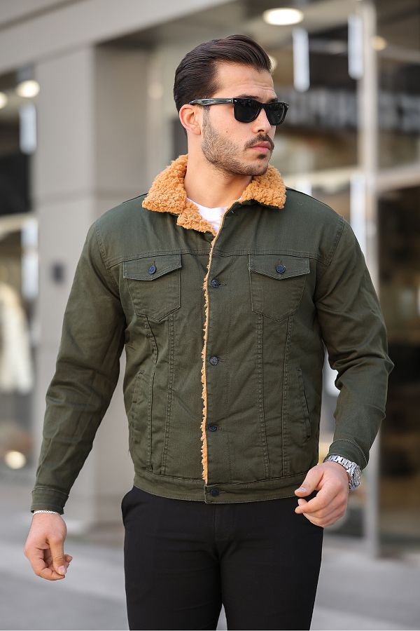 He Brand Men s Khaki Green Fur Lined Denim Jacket Coat Trendyol