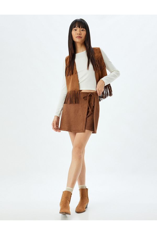 Koton Mini Suede Look Shorts Skirt with Tie Detail Trendyol