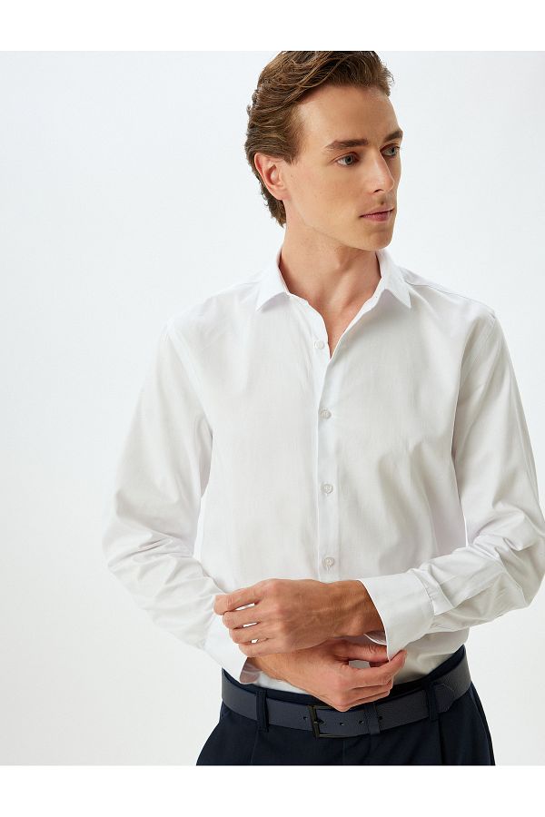 Koton-Long Sleeve Slim Fit Cotton Shirt - Half Italian Collar 1