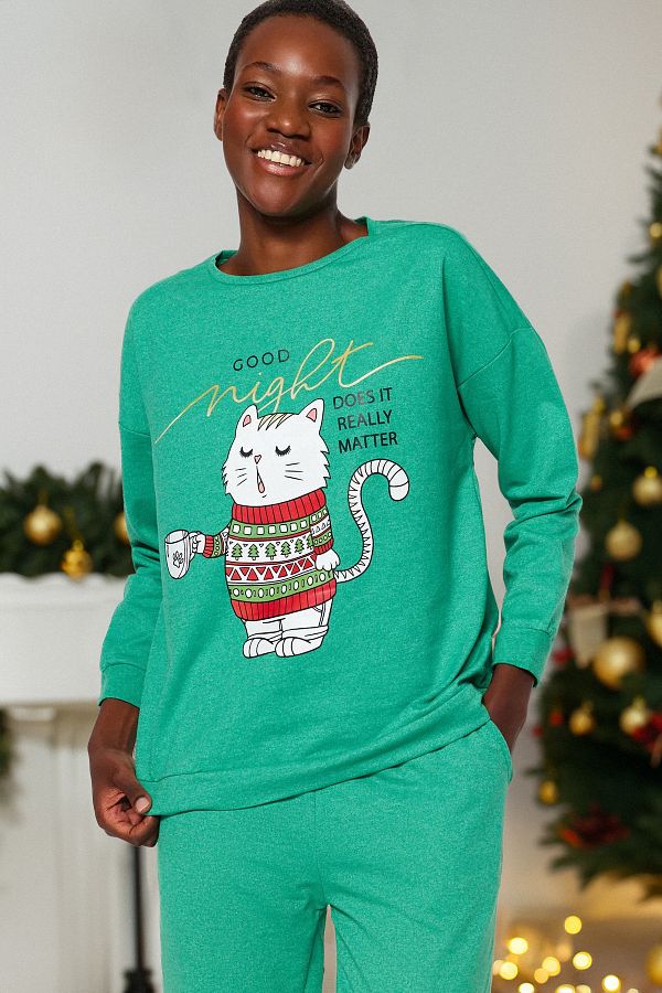 Trendyol Collection-Green Cotton Winter Themed Knitted Pajamas Set Thmaw22Pt1333 1