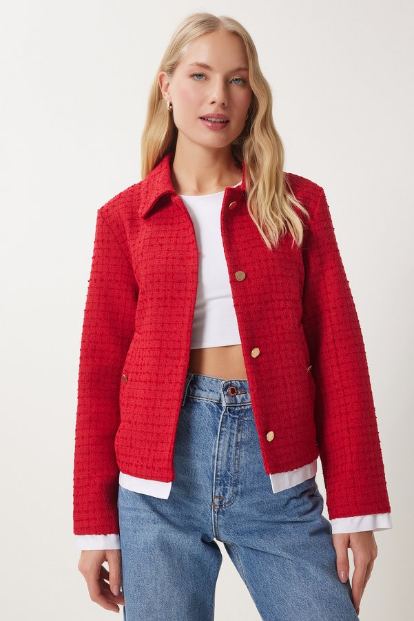 Happiness İstanbul Women's Red Shirt Collar Tweed Jacket To00157