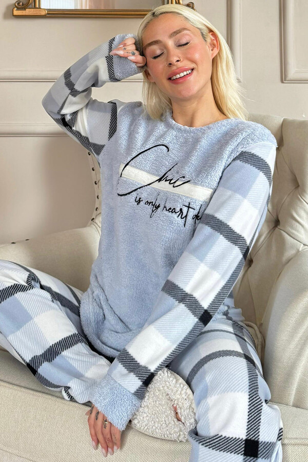 Pijamaevi Blue Deep Chic Patterned Women's Plush Pajama Set