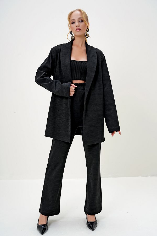 Trend Alaçatı Stili-Schwarzes Damen-Blazer-Set mit Schalkragen, Strickjacke und Hose ALC-X13125 1