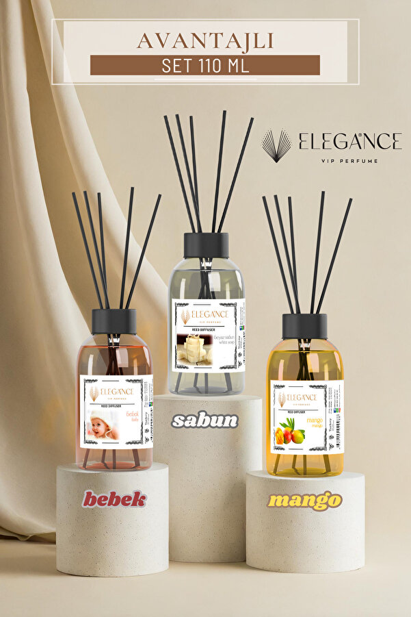 Elegance vip Perfume Ekonomik 3'lü Set Bebek Mango Beyaz Sabun Reed Diffuser Bambu Çubuklu 3 Adet Oda Kokusu 110 ml